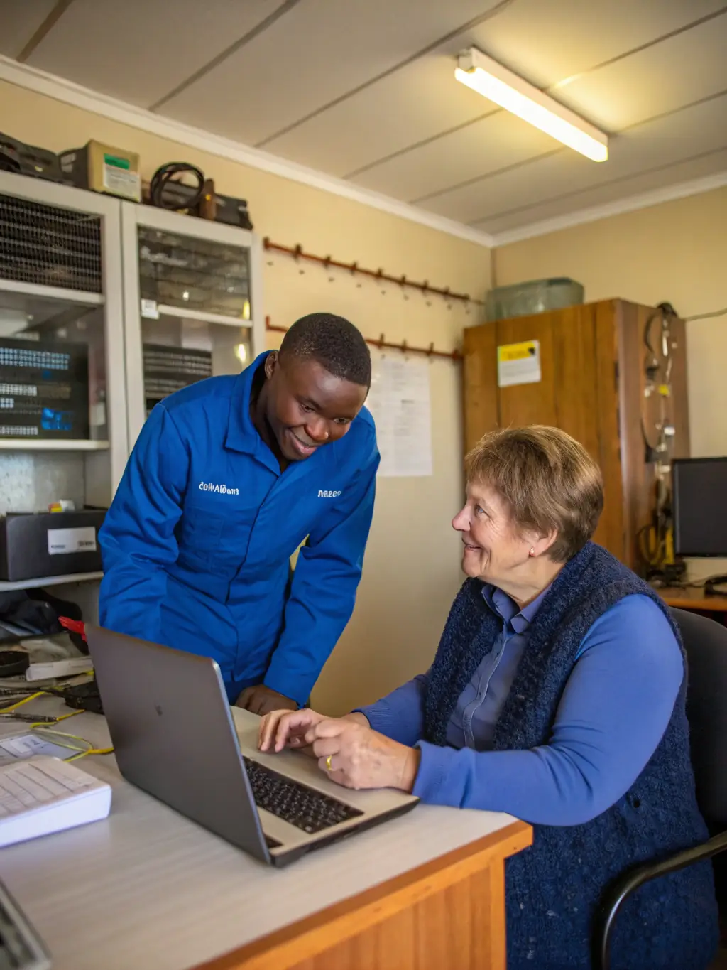 A technician assisting a business owner with setting up new digital tools in an office environment, representing Tech Implementation Support.