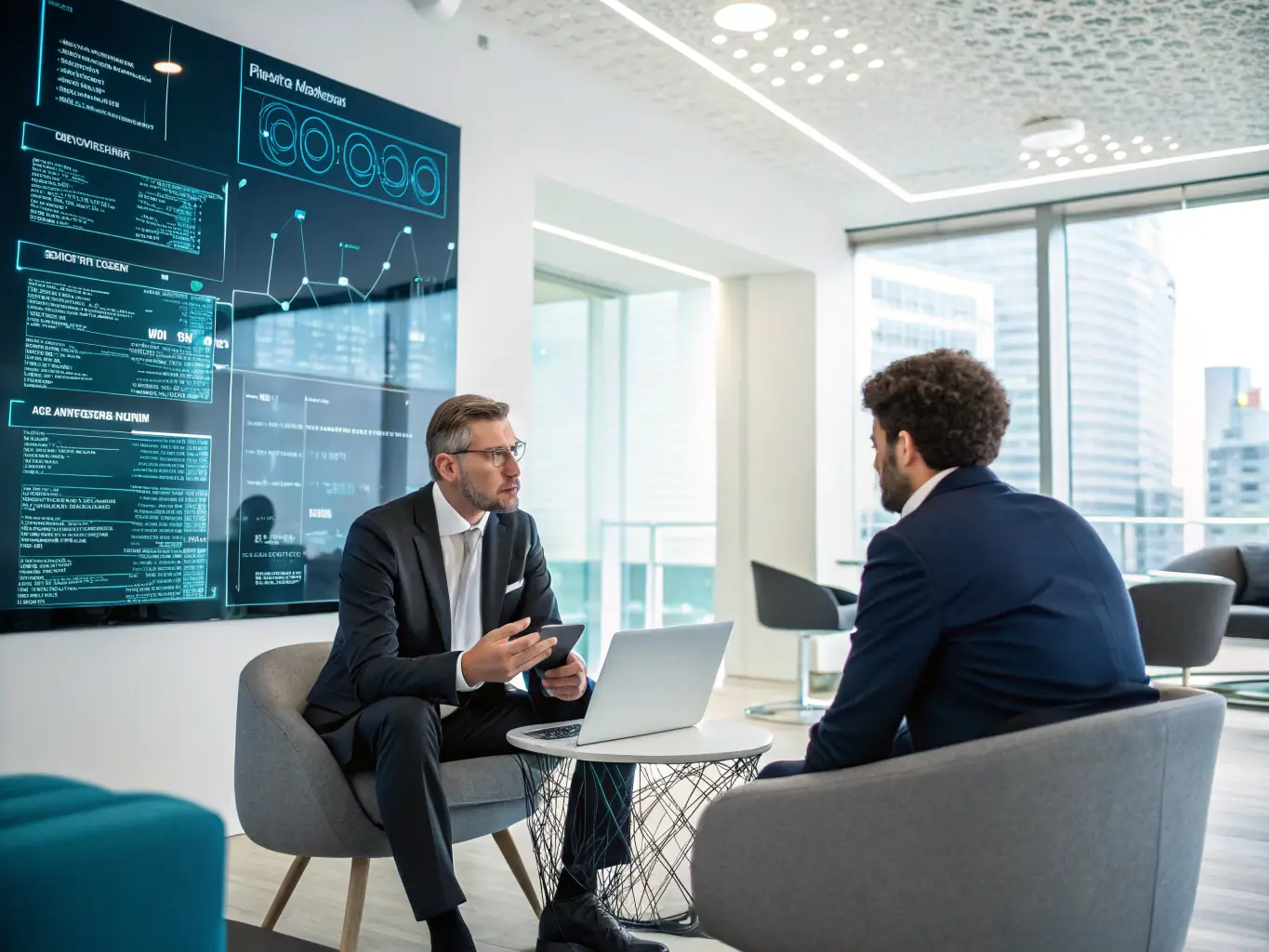 An image of a business owner reviewing AI strategy diagrams with a consultant in a modern office, symbolizing AI Strategy Consulting.