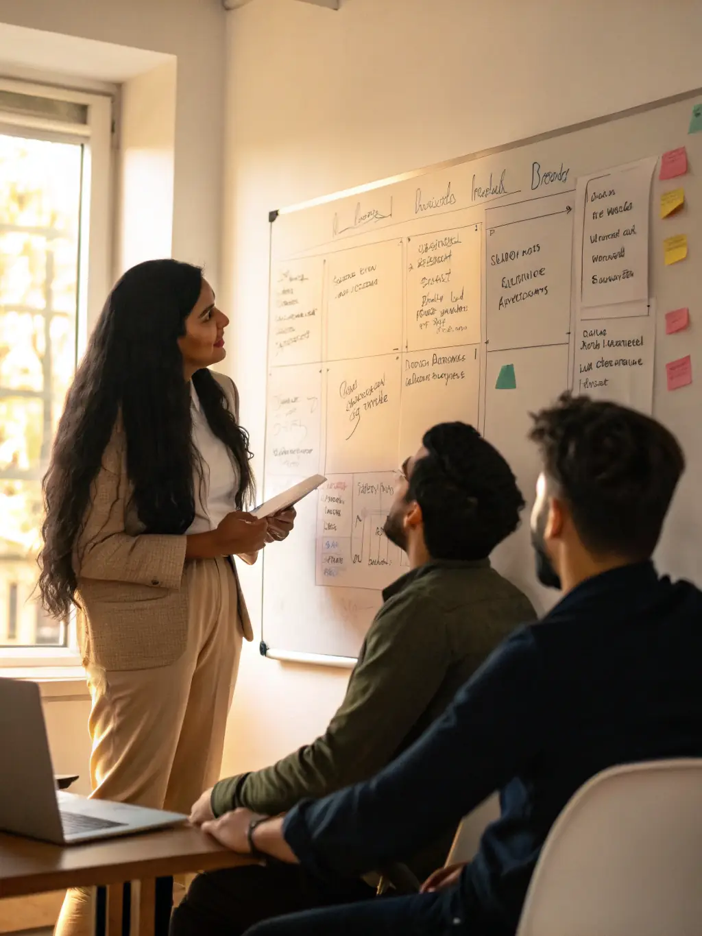 An image of a business owner reviewing AI strategy diagrams with a consultant in a modern office, symbolizing AI Strategy Consulting.