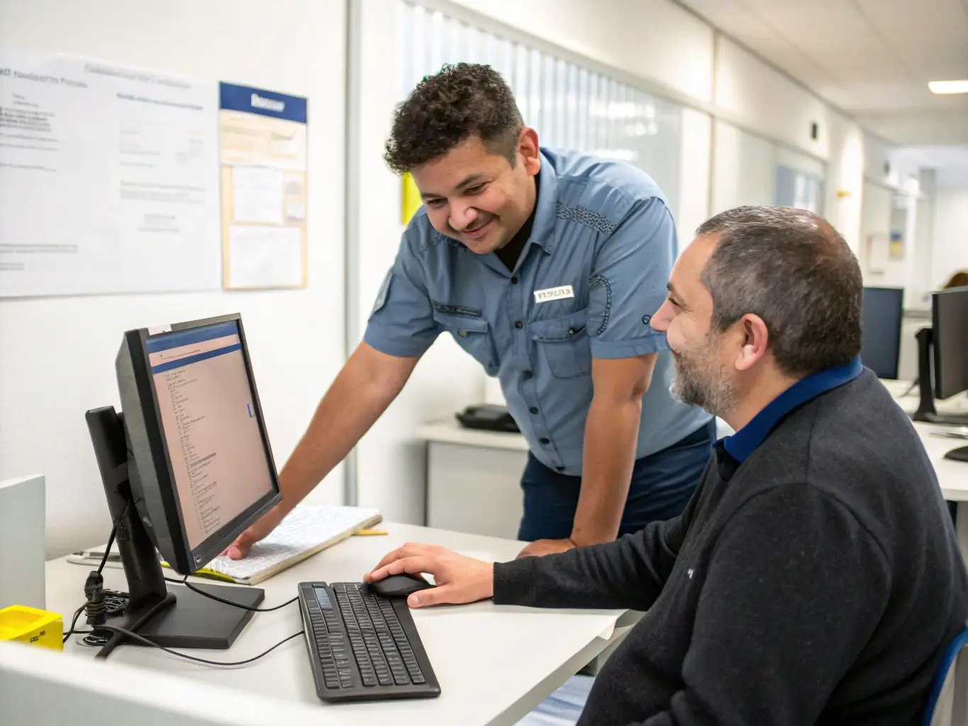 A technician assisting a business owner with setting up new digital tools in an office environment, representing Tech Implementation Support.