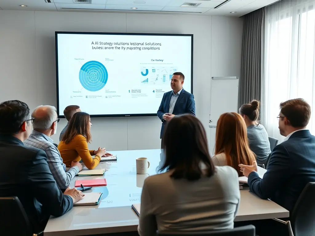 A consultant is leading a workshop session, guiding a group of business owners through the basics of AI strategy on a whiteboard.